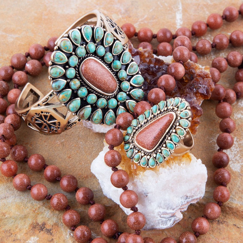 Sedona Blue Turquoise Orange Goldstone Golden Statement Ring | Rings | Wiccan Center