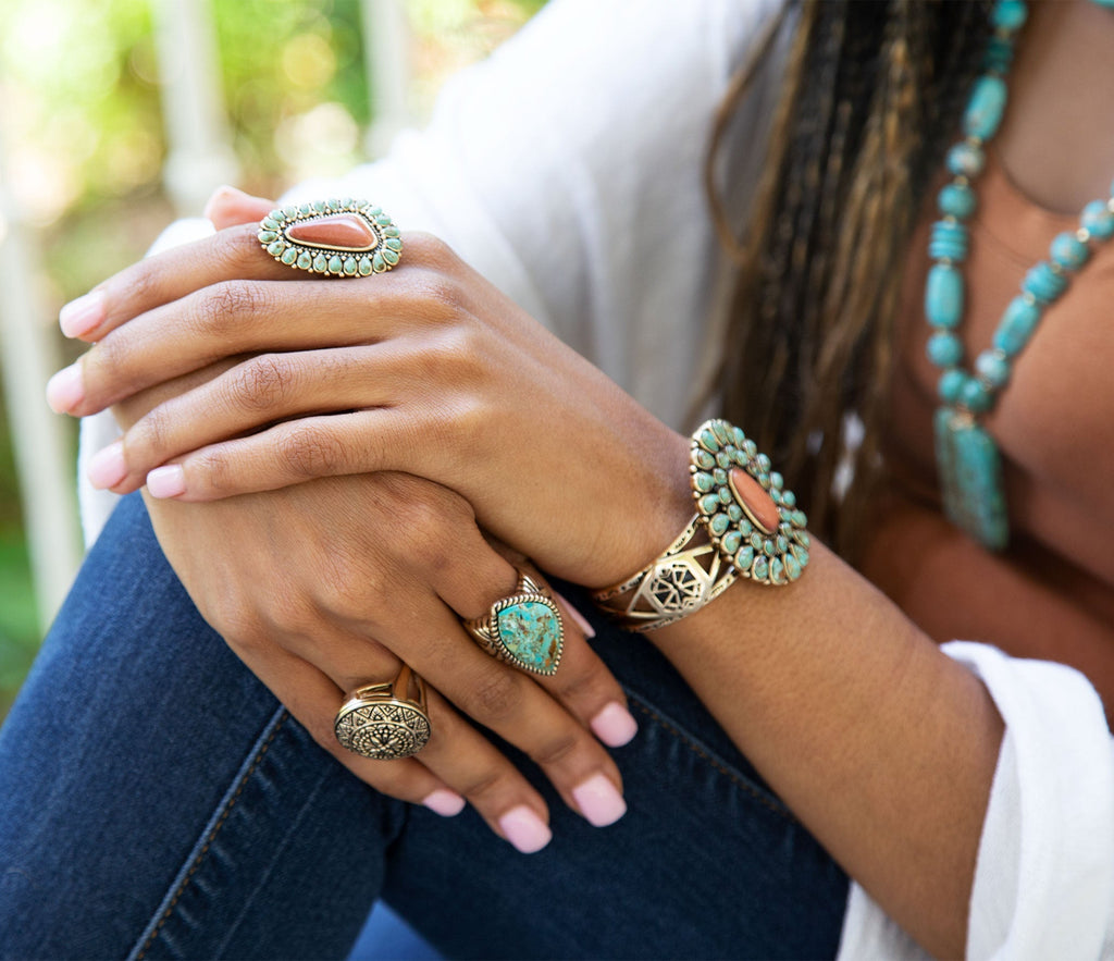 Sedona Blue Turquoise Orange Goldstone Golden Statement Ring | Rings | Wiccan Center