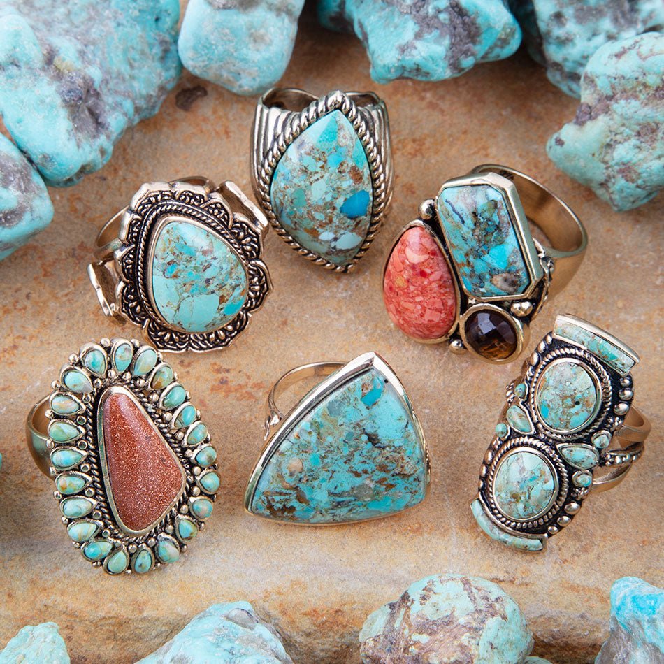 Sedona Blue Turquoise Orange Goldstone Golden Statement Ring | Rings | Wiccan Center