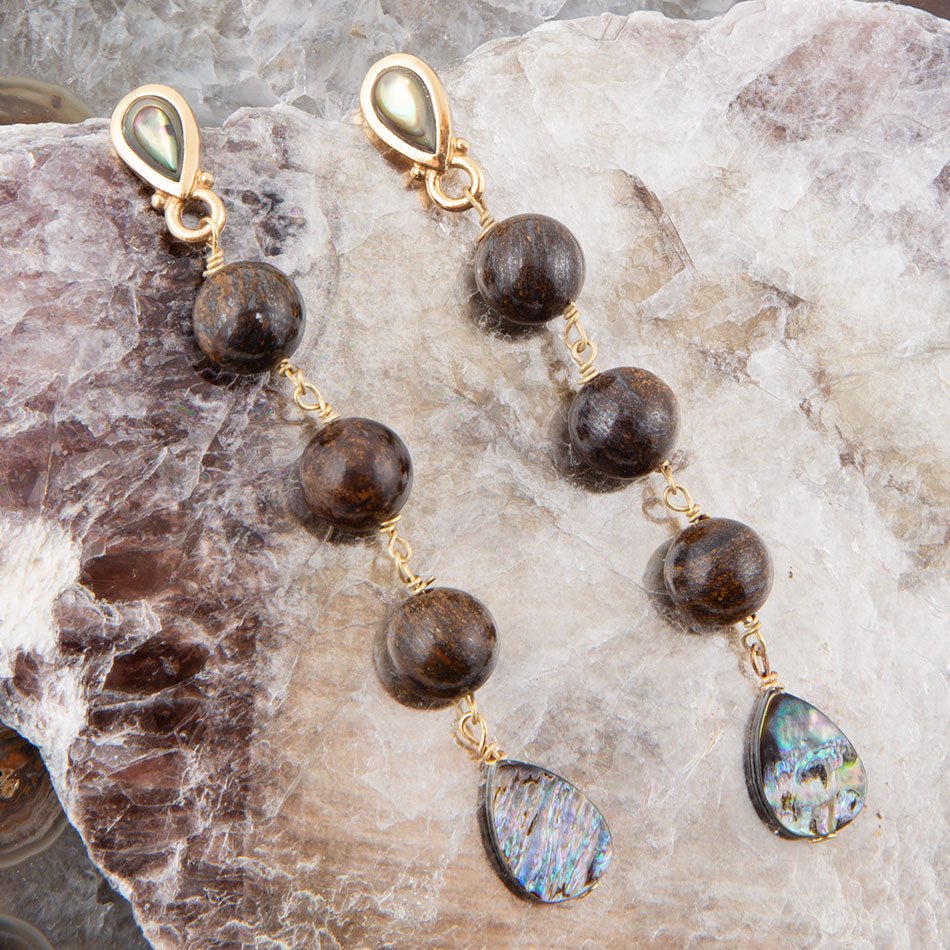 Sepia Sea Blue Abalone Post Golden Drop Earrings | Earrings | Wiccan Center