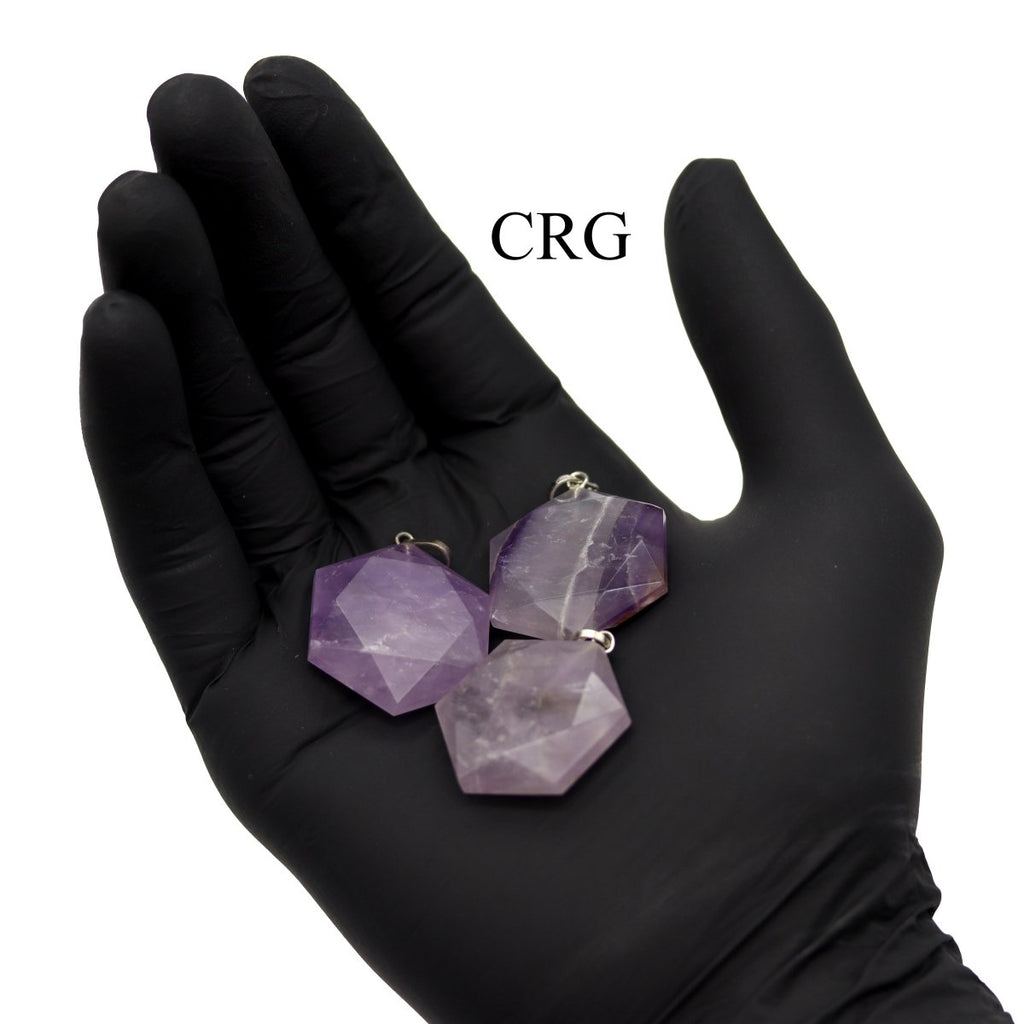 SET OF 4 - Amethyst Faceted Hexagon Pendant with Silver Bail / 1" AVG | Amethyst | Wiccan Center