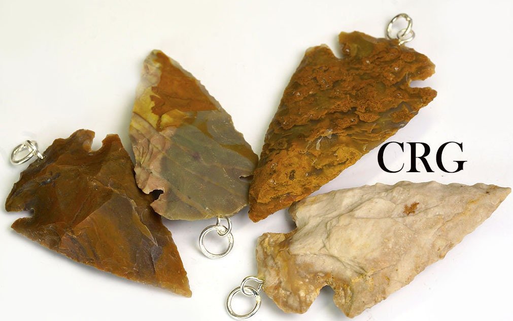 SET OF 6 - Fancy Jasper Arrowhead Pendant w Silver Plated Bail Bulk Wholesale Crystal 1.5" avg.