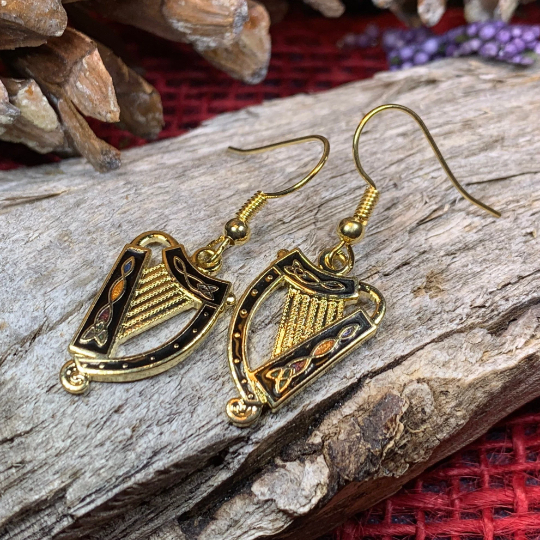 Celtic Irish Harp Enamel Earrings for Women | Dangle Earrings | Wiccan Center