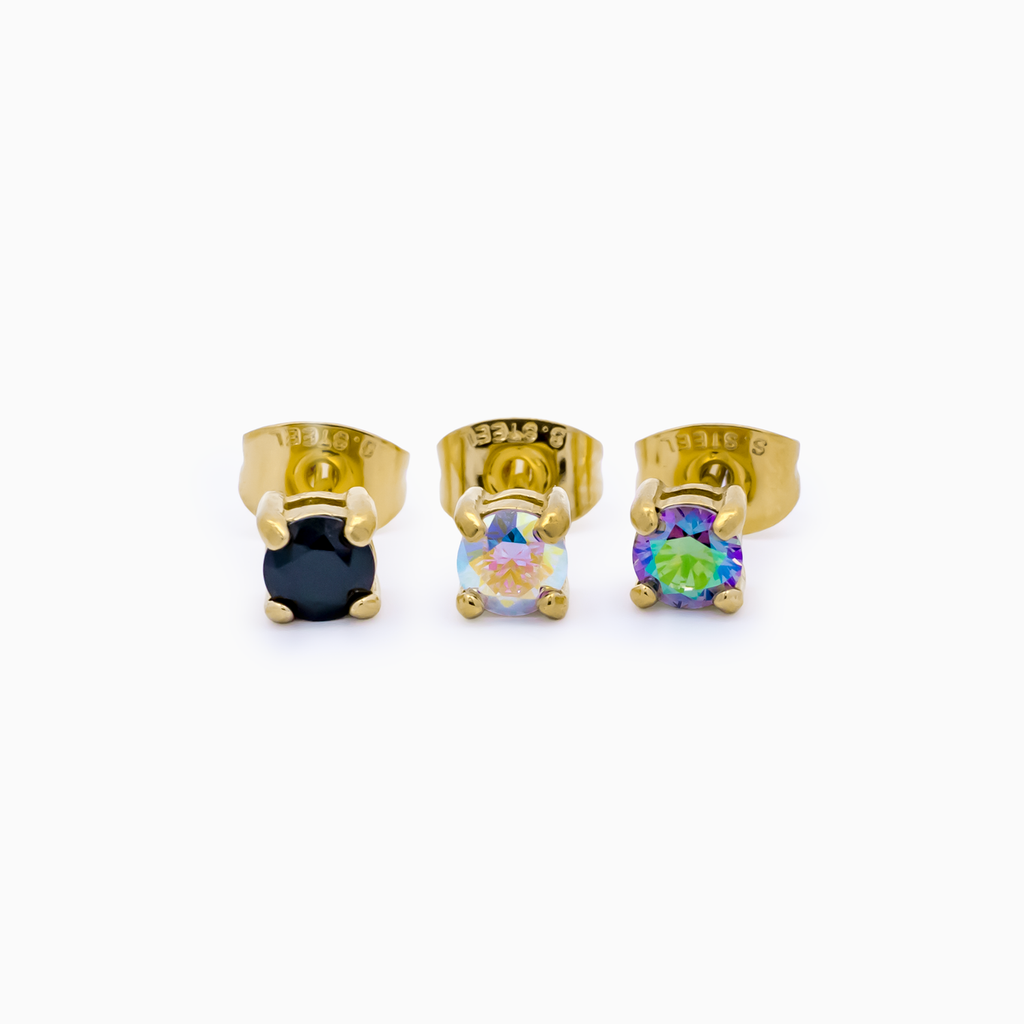 Steel Earring Studs - Gold PVD w/ Round CZ | Body Jewelry | Wiccan Center