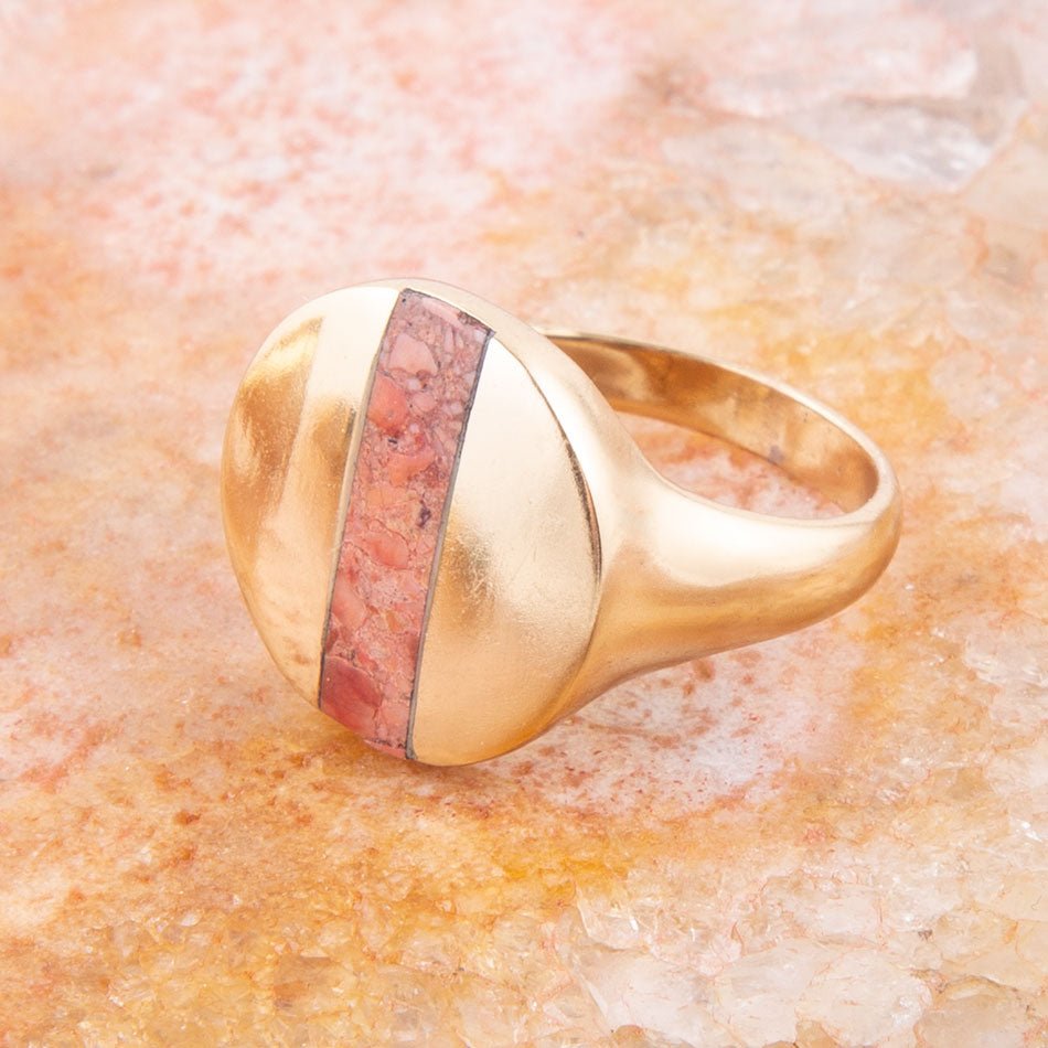 Signet Orange Sponge Coral and Golden Circle Ring | Rings | Wiccan Center