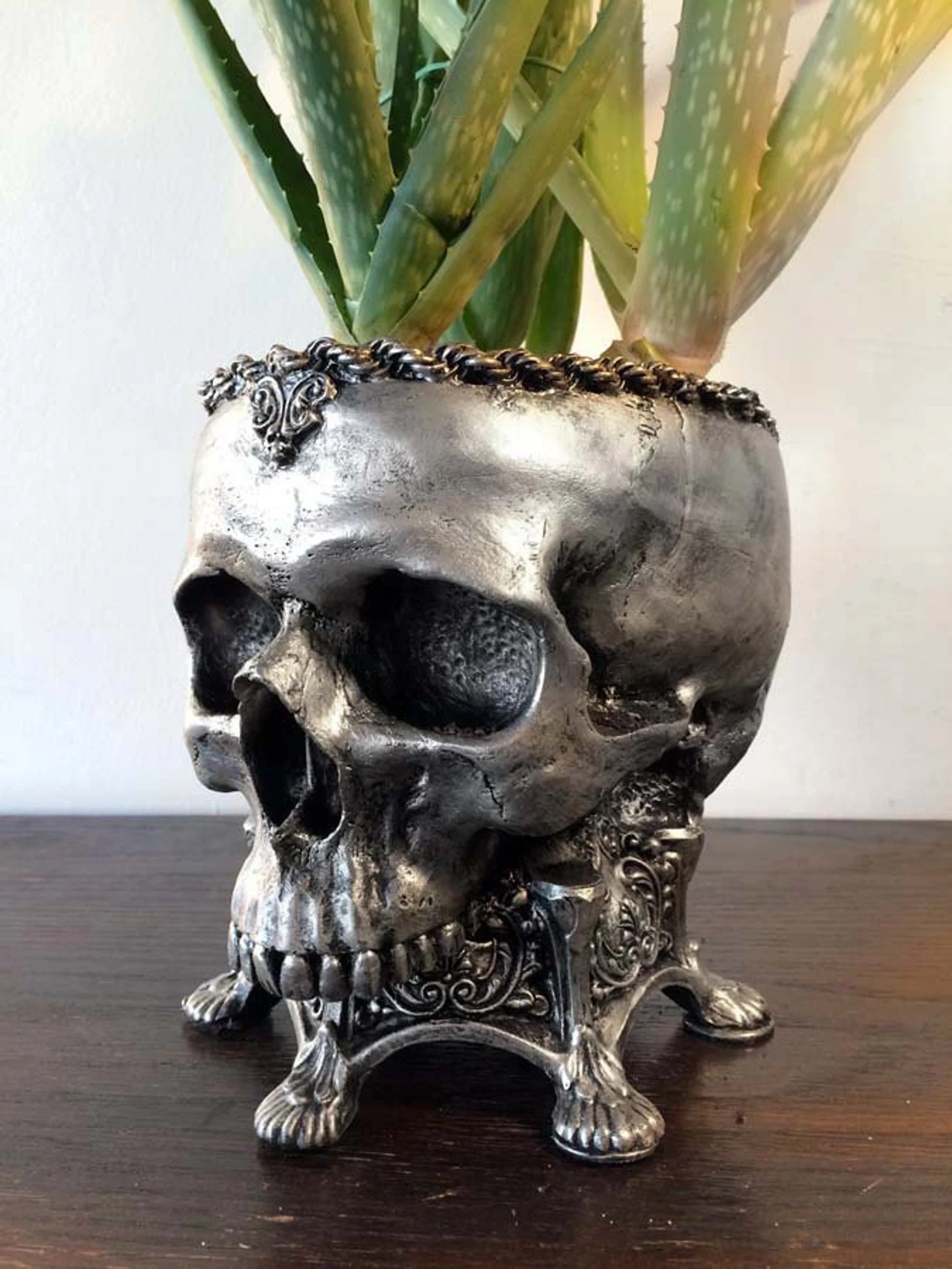 Human Skull Planter, Pewter Finish