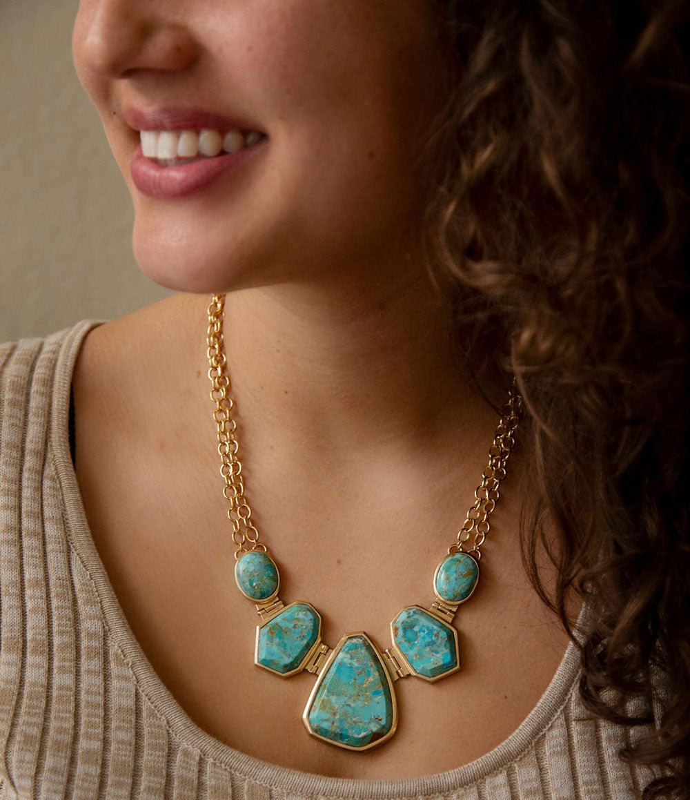 Slabs of Blue Turquoise Golden Statement Necklace | Necklaces | Wiccan Center