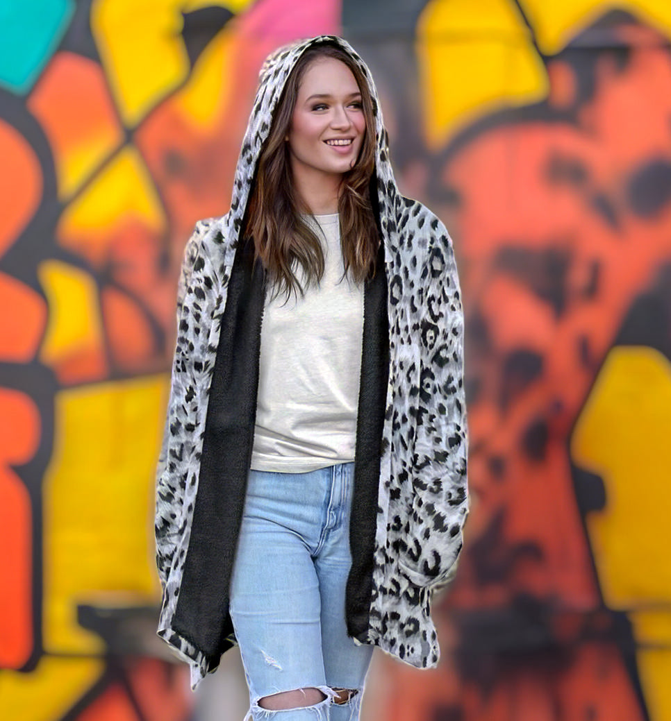 Snow Leopard Cuddle Cloak | Unisex Minky Sherpa Lined Hooded Coat | Women and Mens Festival Coat | Mountain Fashion
