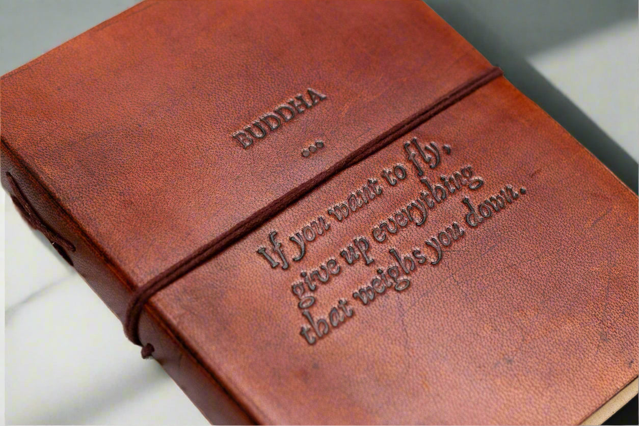 Buddha Quote Leather Journal - "Give Up Everything That Weighs You Down" | Journal | Wiccan Center
