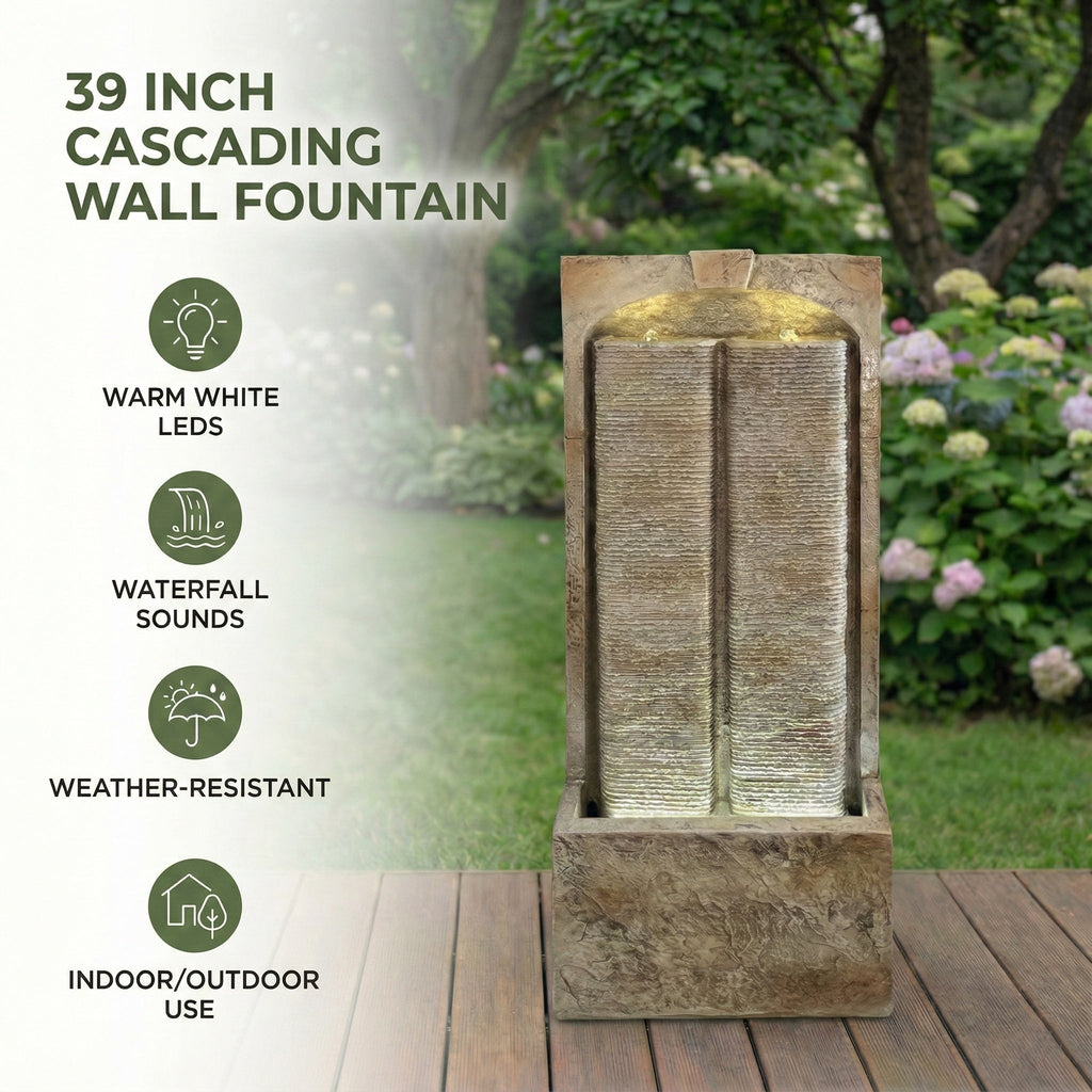 Resin Sandstone Outdoor Wall Water Fountain with Warm LED | Outdoor Fountain | Wiccan Center
