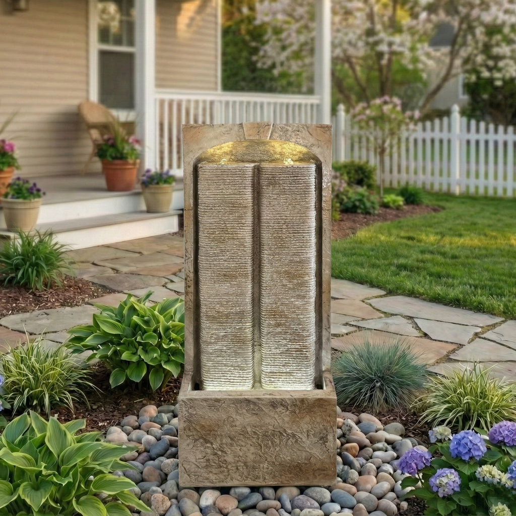 Resin Sandstone Outdoor Wall Water Fountain with Warm LED | Outdoor Fountain | Wiccan Center