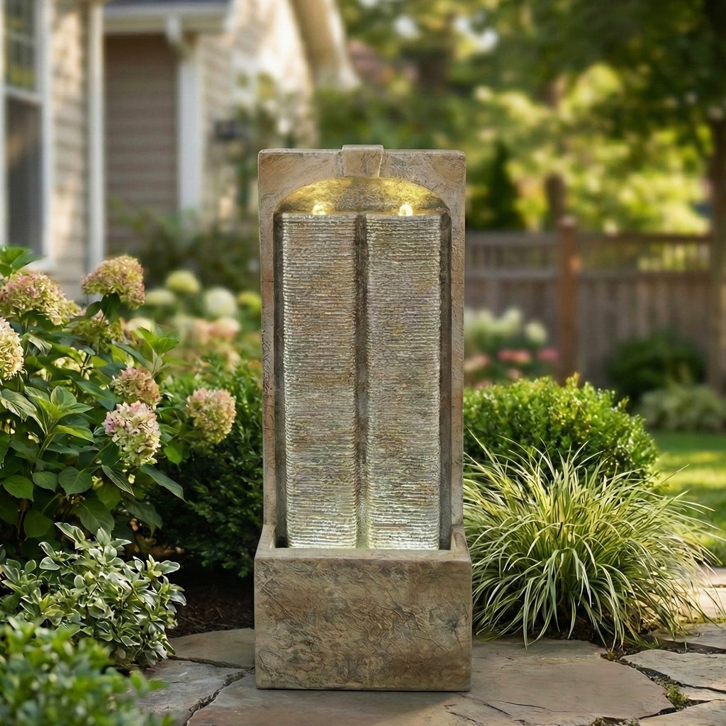 Resin Sandstone Outdoor Wall Water Fountain with Warm LED | Outdoor Fountain | Wiccan Center