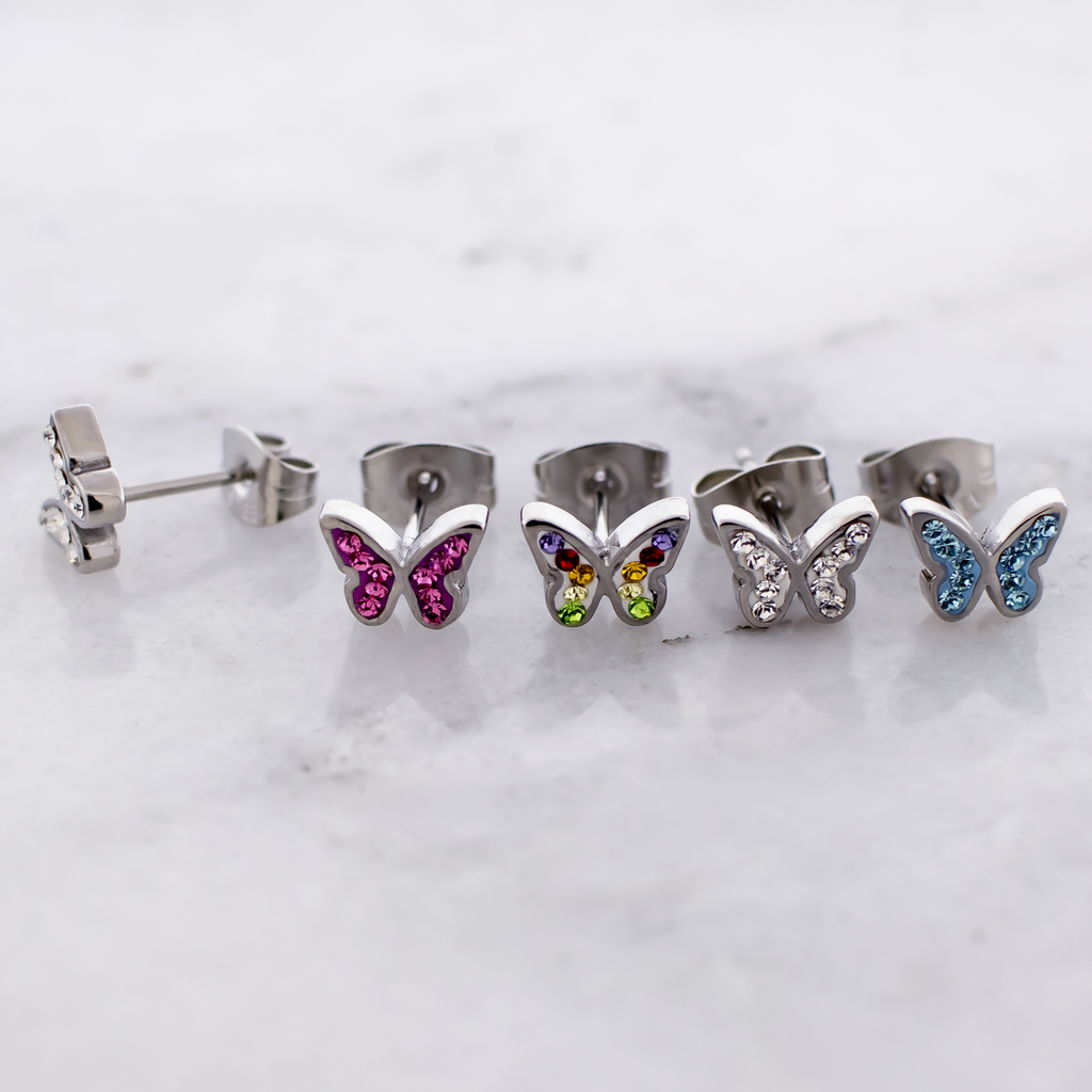 Steel Gemmed Butterfly Earring Studs | Body Jewelry | Wiccan Center