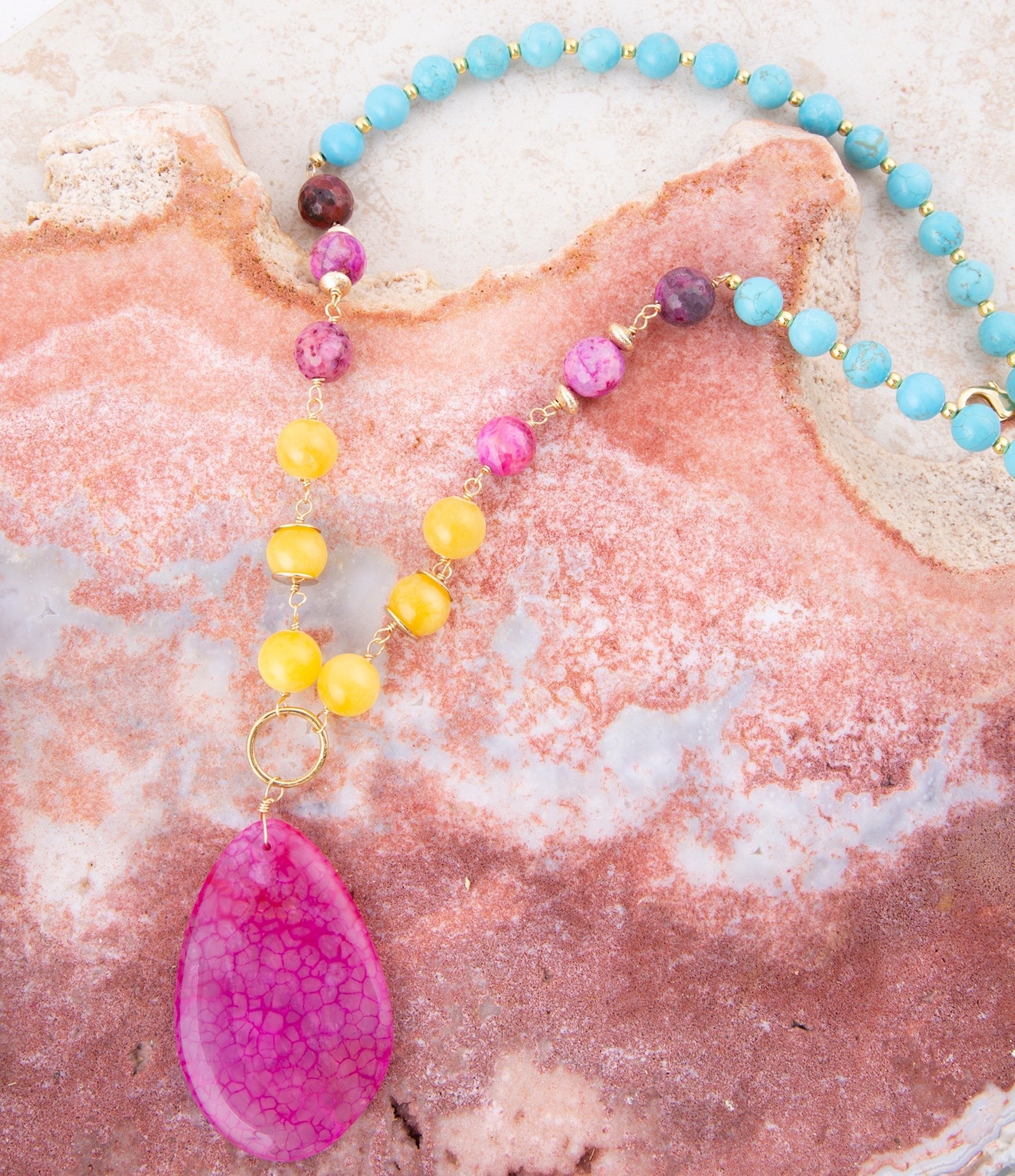 St. Augustine Pink Agate Golden Pendant Necklace | Necklaces | Wiccan Center