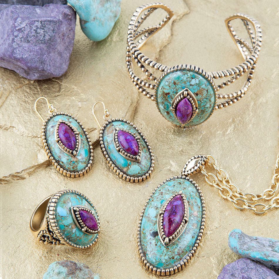 Stacked Stone Blue and Purple Turquoise Golden Ring | Rings | Wiccan Center