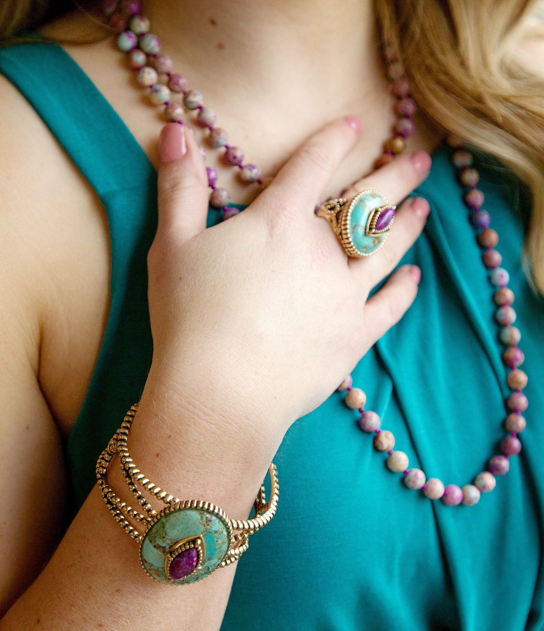 Stacked Stone Blue and Purple Turquoise Golden Ring | Rings | Wiccan Center