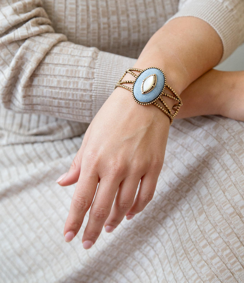 Blue Denim Dreams White Mother of Pearl Golden Cuff Bracelet | Bracelets | Wiccan Center