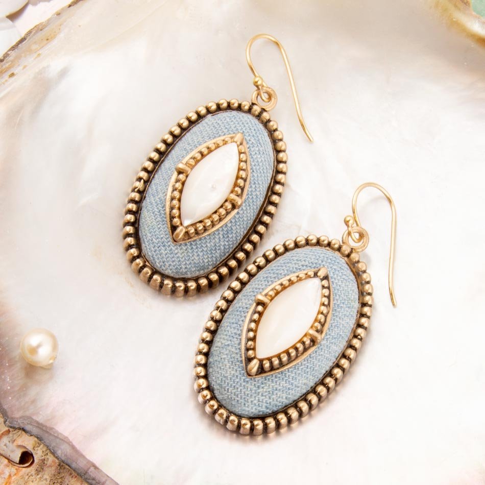 Blue Denim Dreams White Mother of Pearl Golden Drop Earrings | Earrings | Wiccan Center