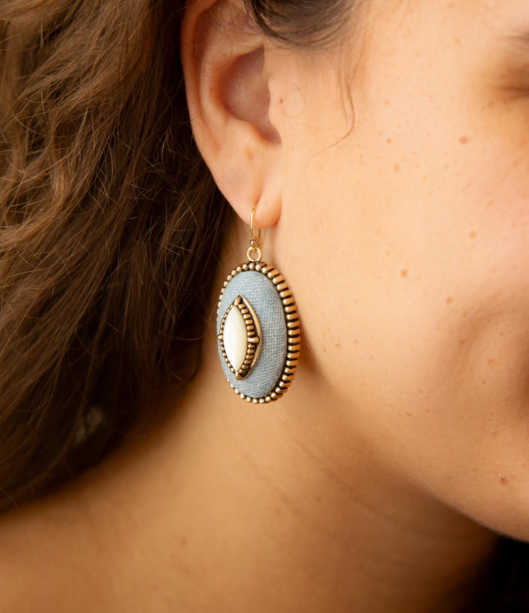 Blue Denim Dreams White Mother of Pearl Golden Drop Earrings | Earrings | Wiccan Center