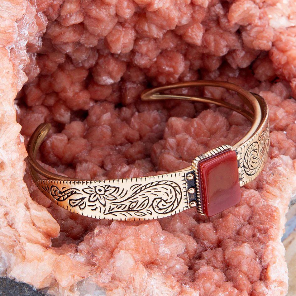 Stamped Orange Carnelian Golden Cuff Bracelet | Bracelets | Wiccan Center