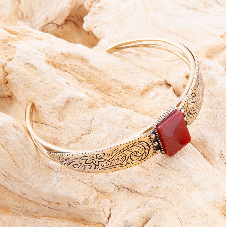 Stamped Orange Carnelian Golden Cuff Bracelet | Bracelets | Wiccan Center
