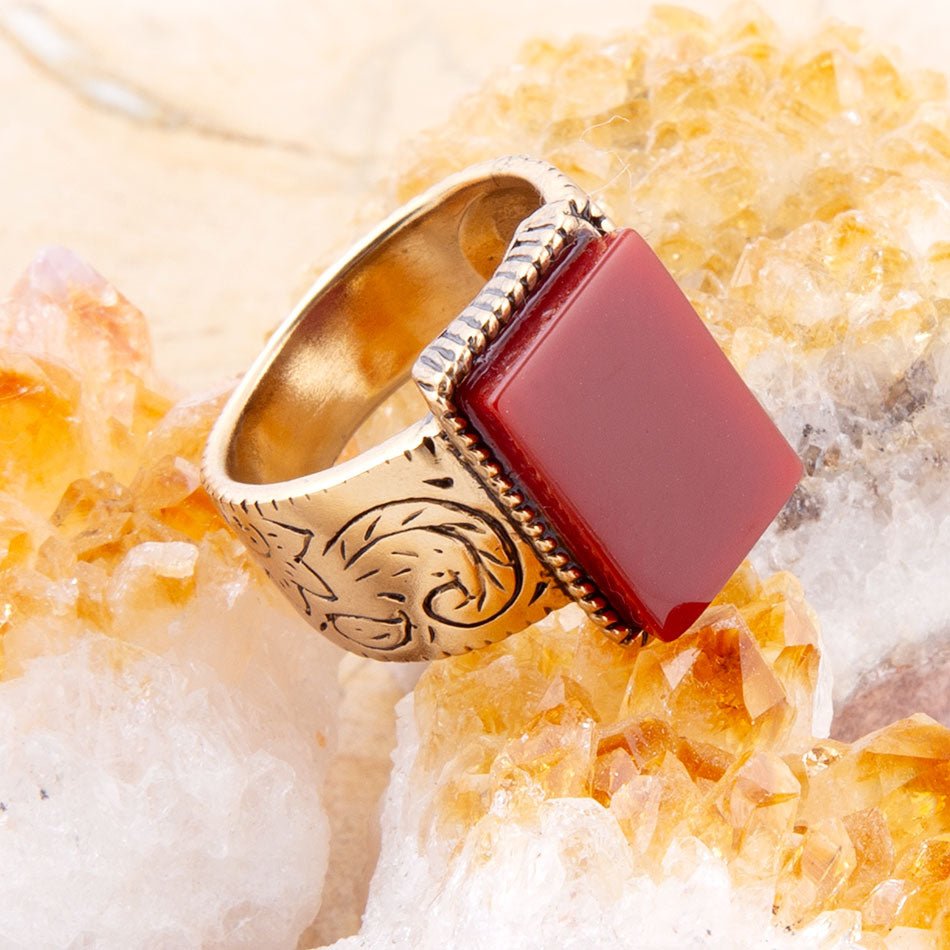 Stamped Orange Carnelian Golden Ring | Rings | Wiccan Center