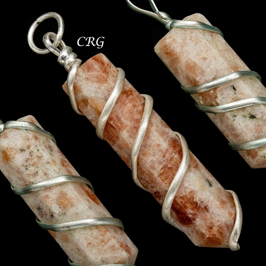 Sunstone Pencil Point Pendant with Silver Wire Wrapping  (1 inch) (4 Pcs)