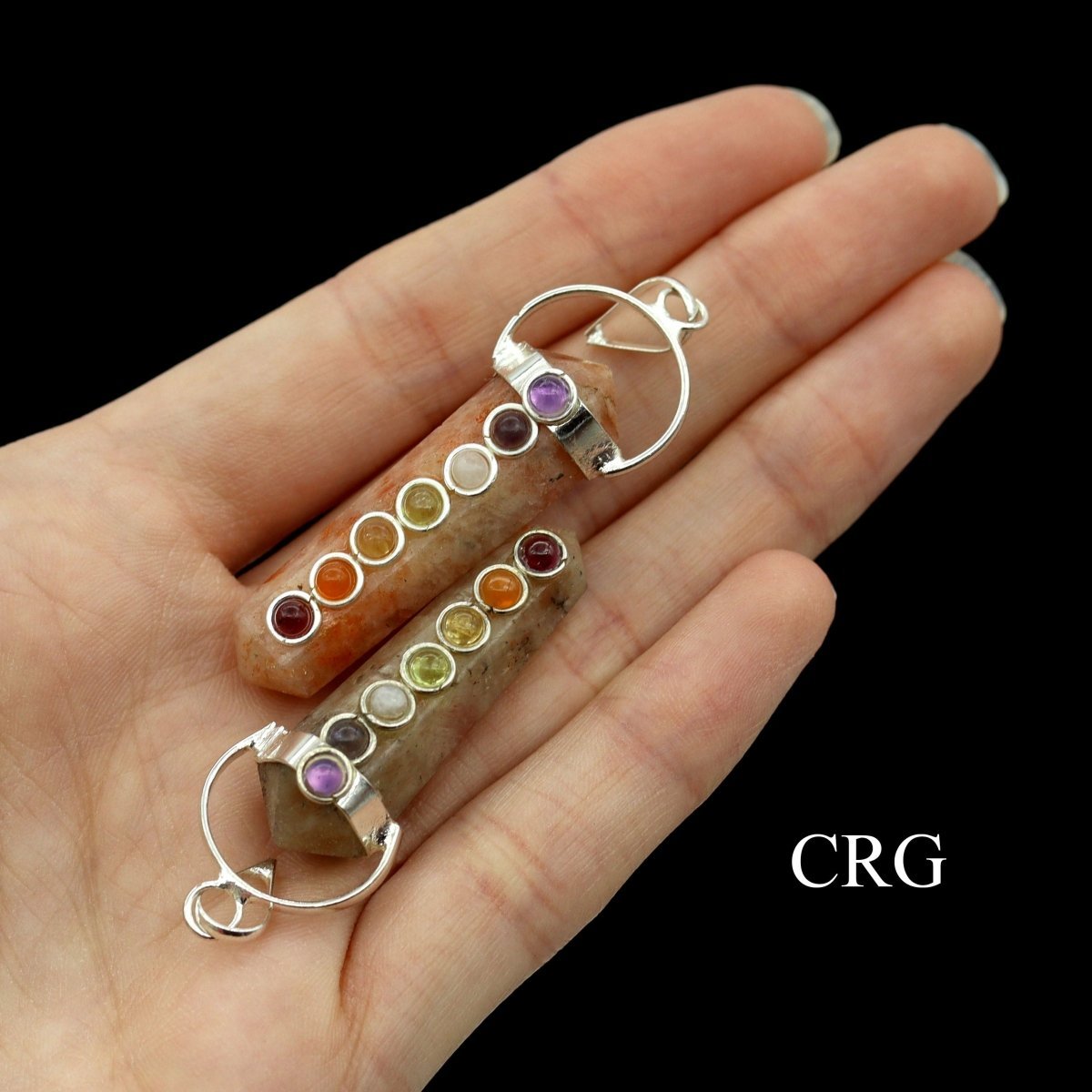 Sunstone Small Point Pendant with Silver Plating and 7 Stone Detail (1.5 Inches) (4 Pcs)