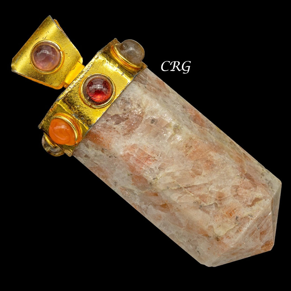 Sunstone Thick Point Pendant with Gold Plated 7 Stone Cap (2 Inches) (1 Piece)