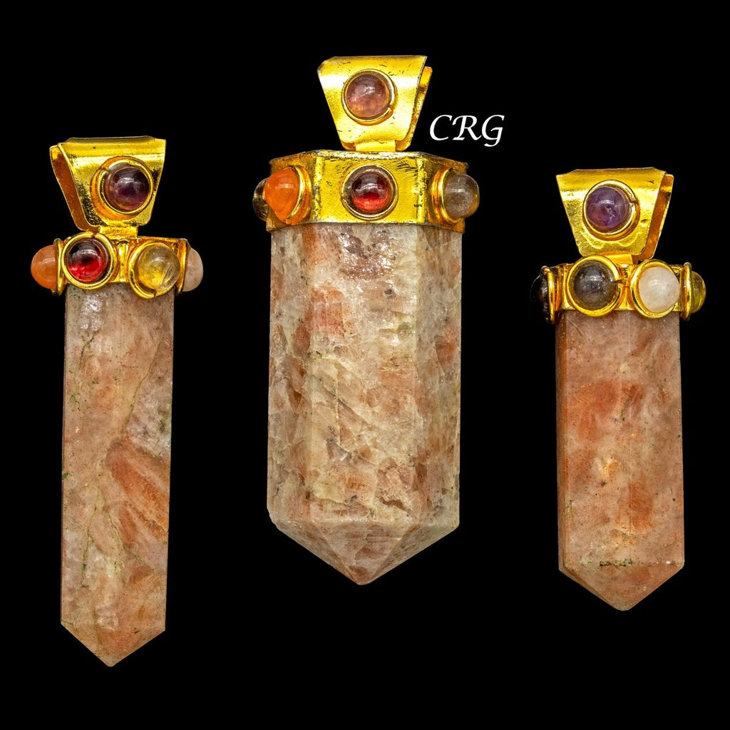 Sunstone Thick Point Pendant with Gold Plated 7 Stone Cap (2 Inches) (1 Piece)