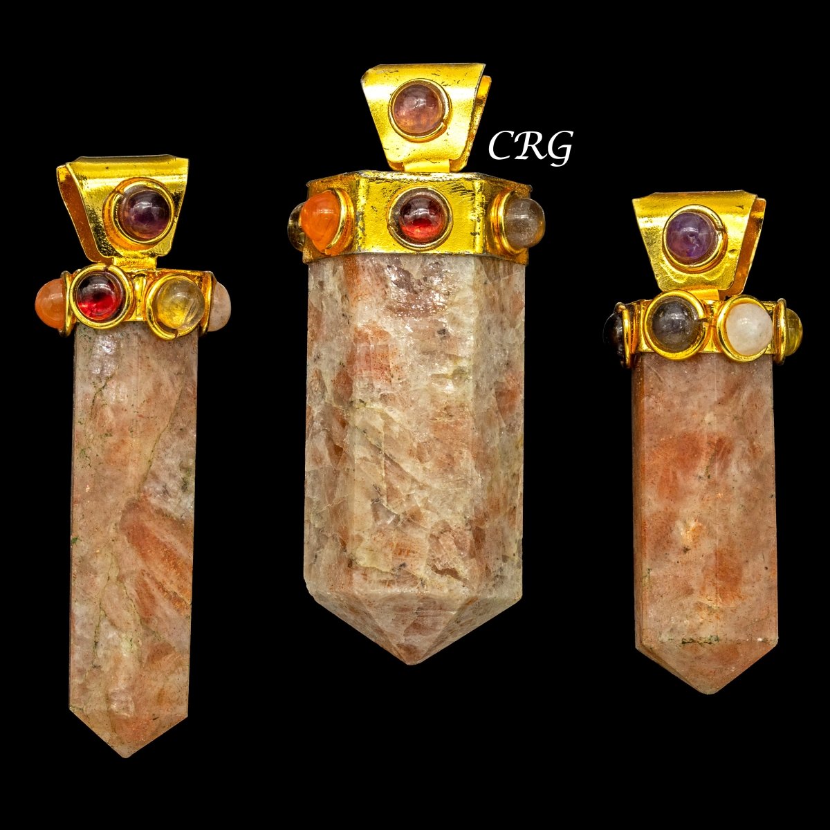 Sunstone Thick Point Pendant with Gold Plated 7 Stone Cap (2 Inches) (1 Piece)