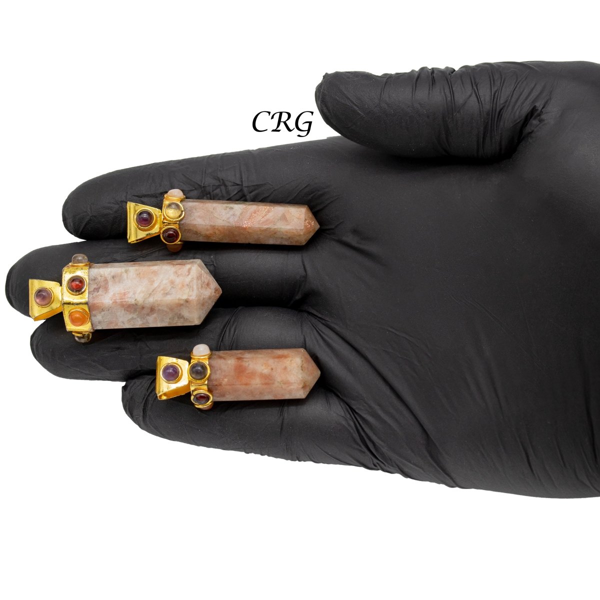 Sunstone Thick Point Pendant with Gold Plated 7 Stone Cap (2 Inches) (1 Piece)