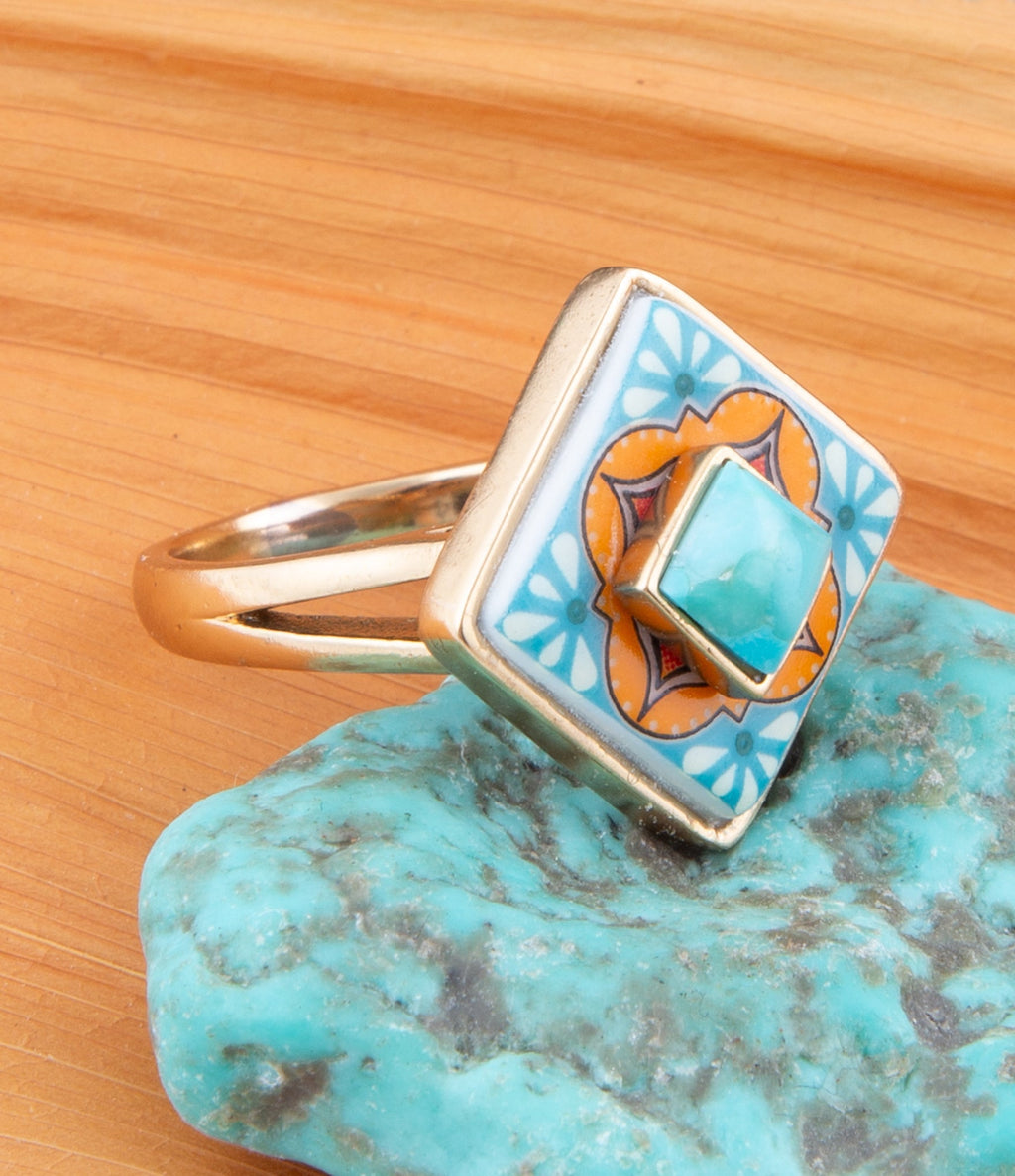 Talavera Tile Blue Turquoise Golden Ring | rings | Wiccan Center