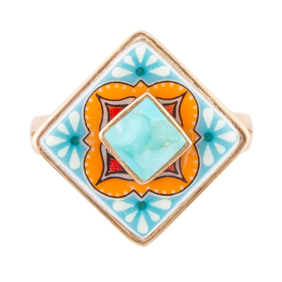 Talavera Tile Blue Turquoise Golden Ring | rings | Wiccan Center