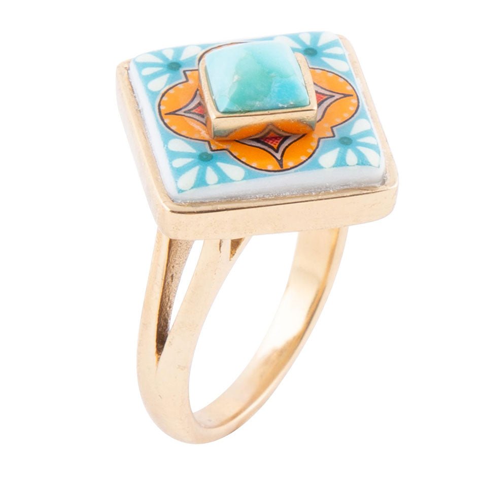 Talavera Tile Blue Turquoise Golden Ring | rings | Wiccan Center