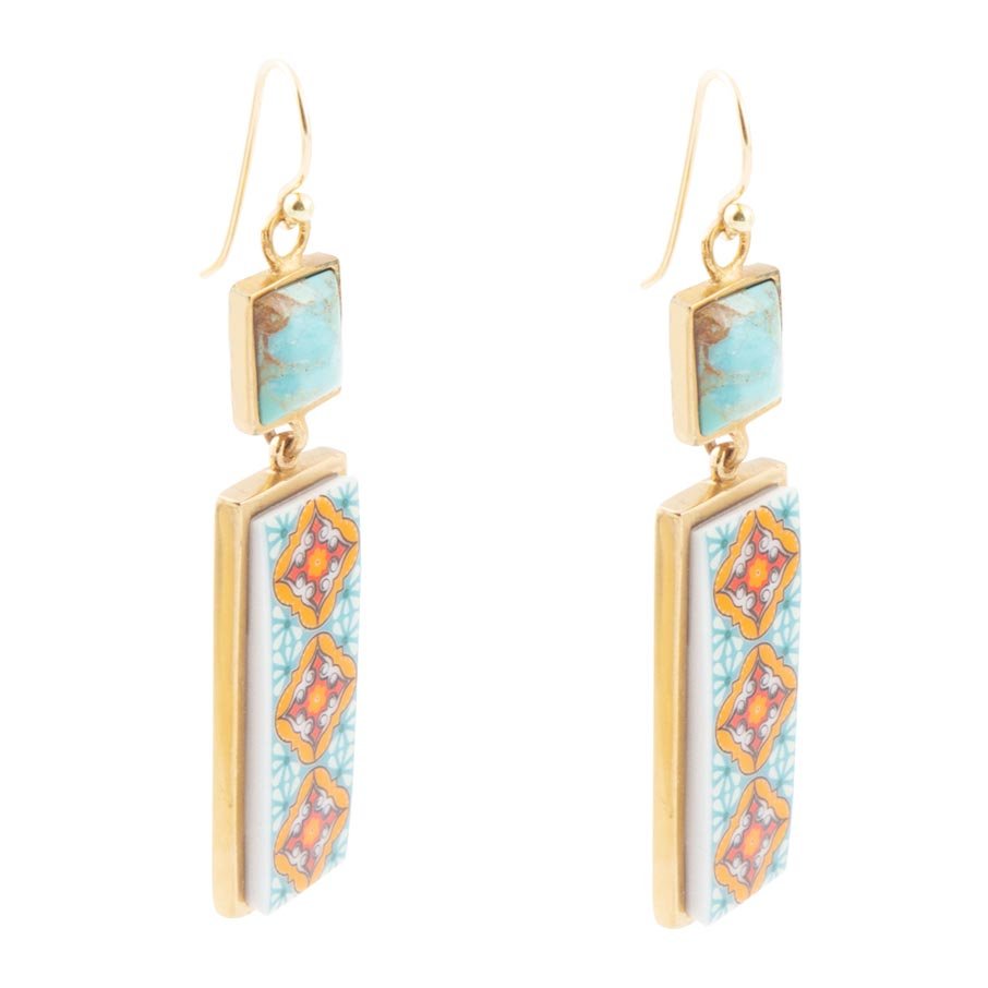 Talavera Tile and Blue Turquoise Golden Dangle Earrings | Earrings | Wiccan Center