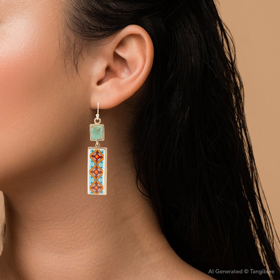 Talavera Tile and Blue Turquoise Golden Dangle Earrings | Earrings | Wiccan Center
