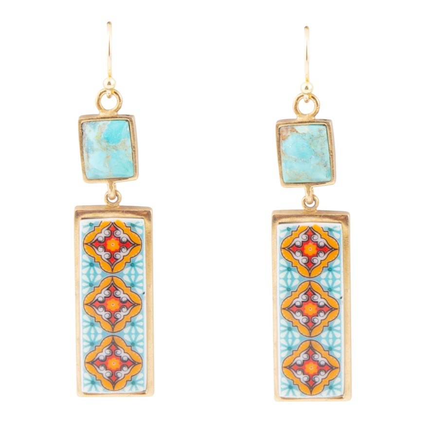 Talavera Tile and Blue Turquoise Golden Dangle Earrings | Earrings | Wiccan Center