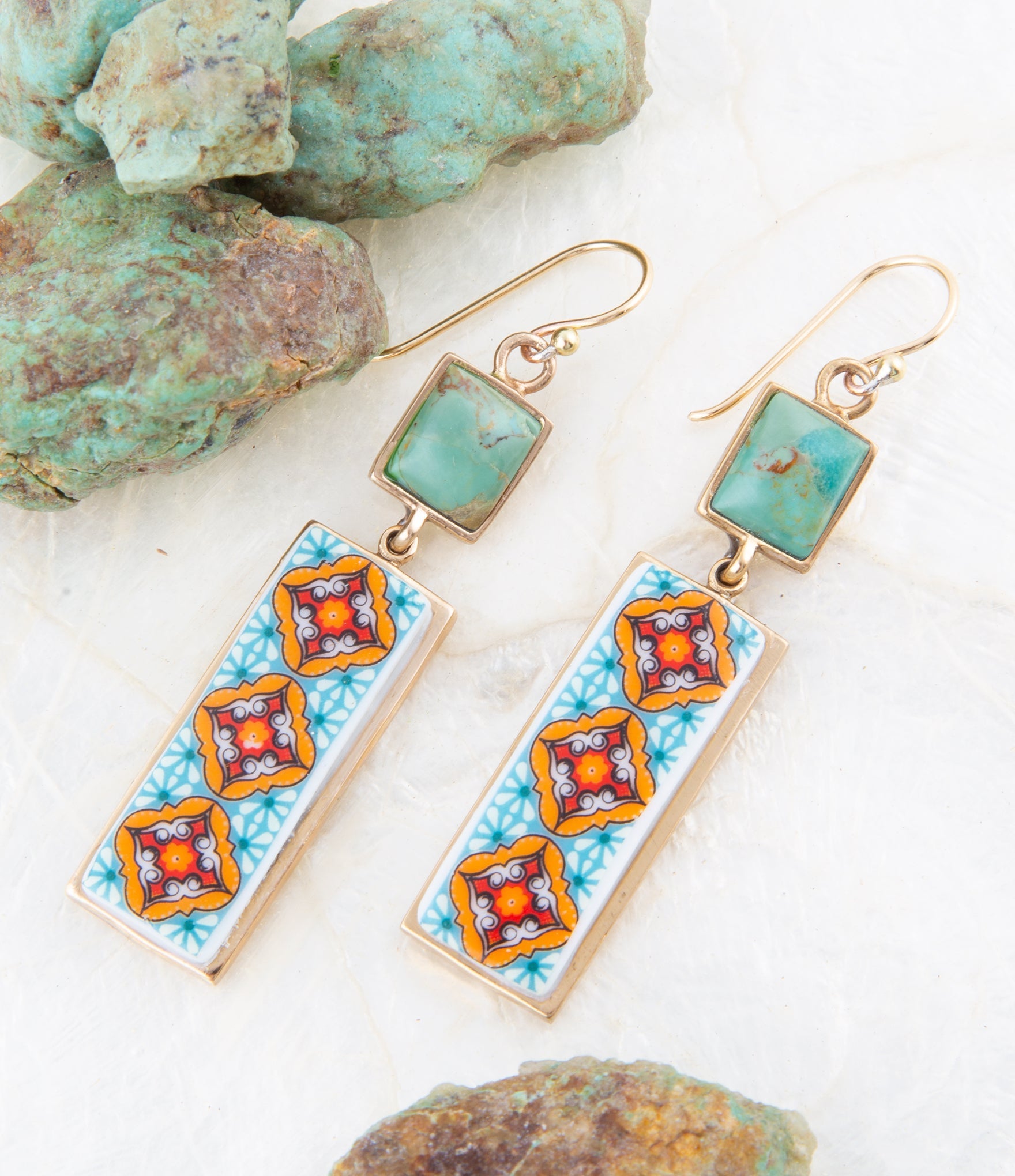 Talavera Tile and Blue Turquoise Golden Dangle Earrings | Earrings | Wiccan Center