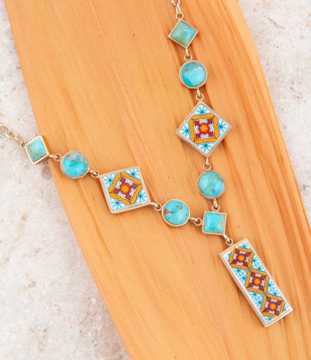 Talavera Tile and Blue Turquoise Golden Y-Neck Necklace | necklaces | Wiccan Center