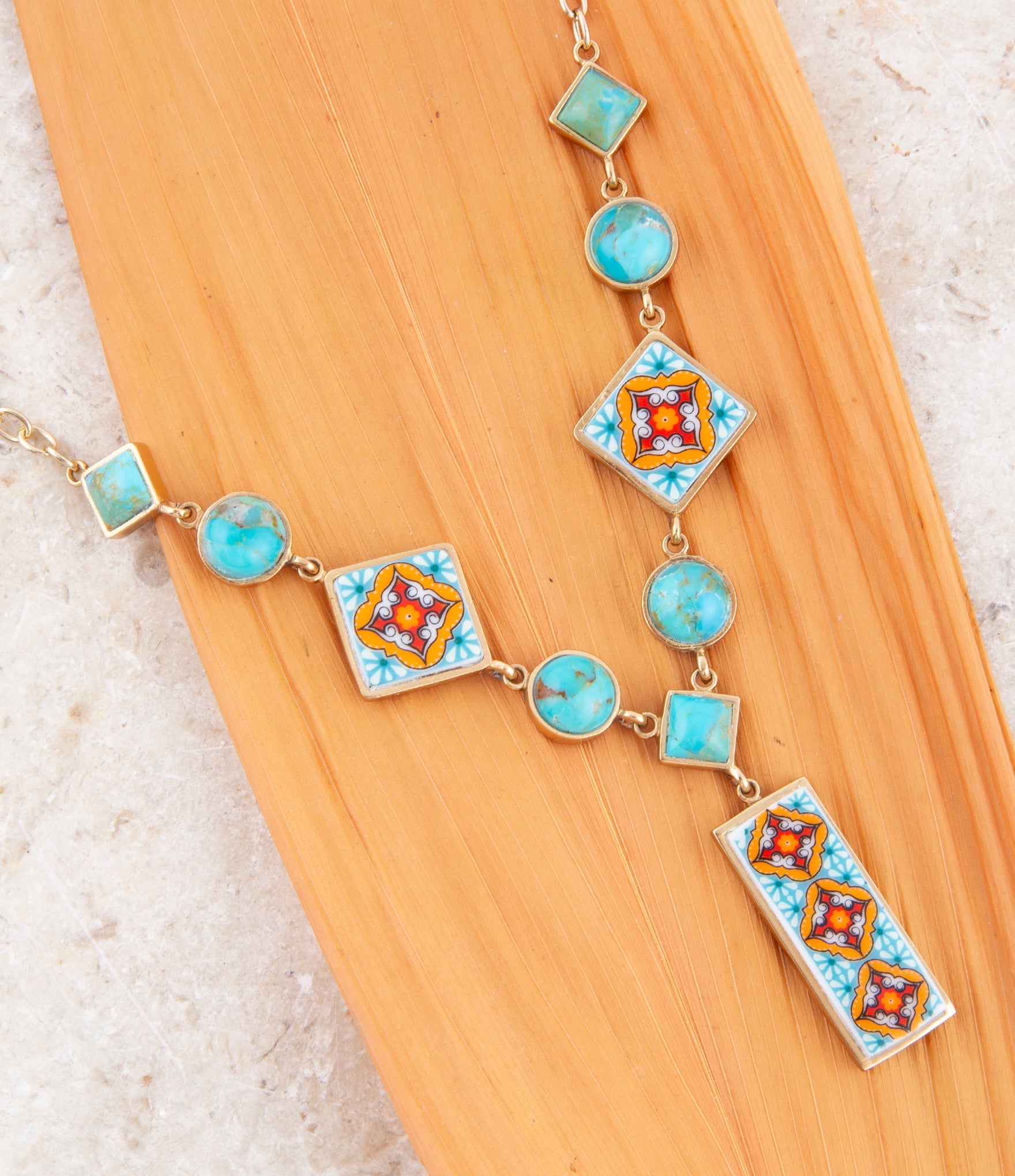 Talavera Tile and Blue Turquoise Golden Y-Neck Necklace | necklaces | Wiccan Center