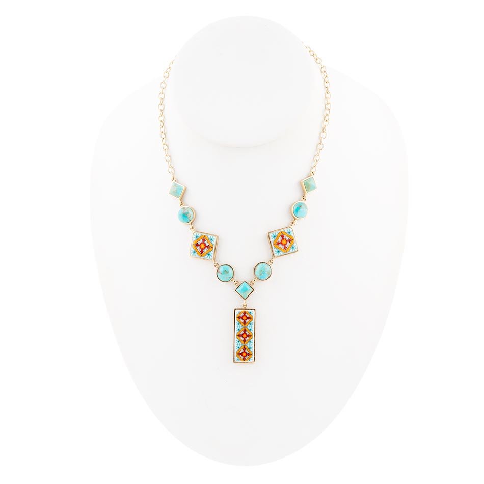 Talavera Tile and Blue Turquoise Golden Y-Neck Necklace | necklaces | Wiccan Center