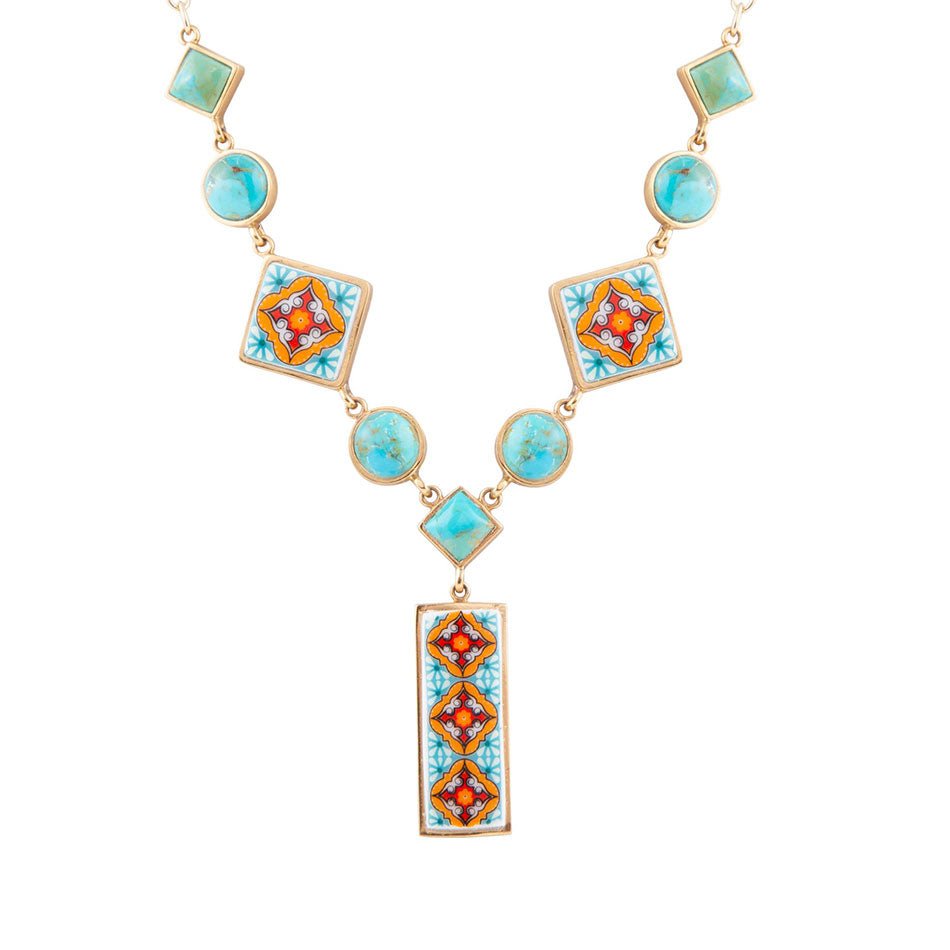 Talavera Tile and Blue Turquoise Golden Y-Neck Necklace | necklaces | Wiccan Center