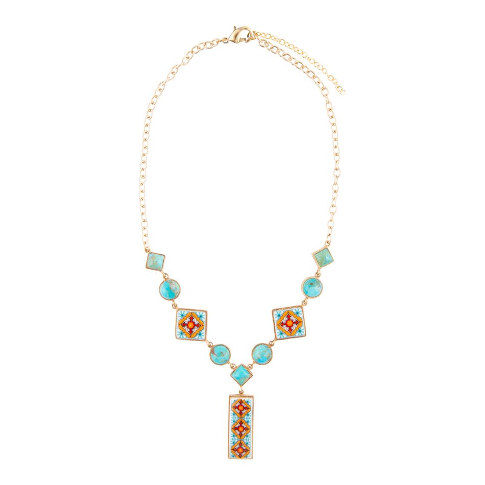 Talavera Tile and Blue Turquoise Golden Y-Neck Necklace | necklaces | Wiccan Center