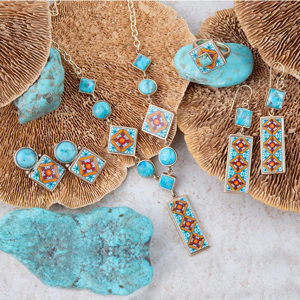 Talavera Tile and Blue Turquoise Golden Y-Neck Necklace | necklaces | Wiccan Center