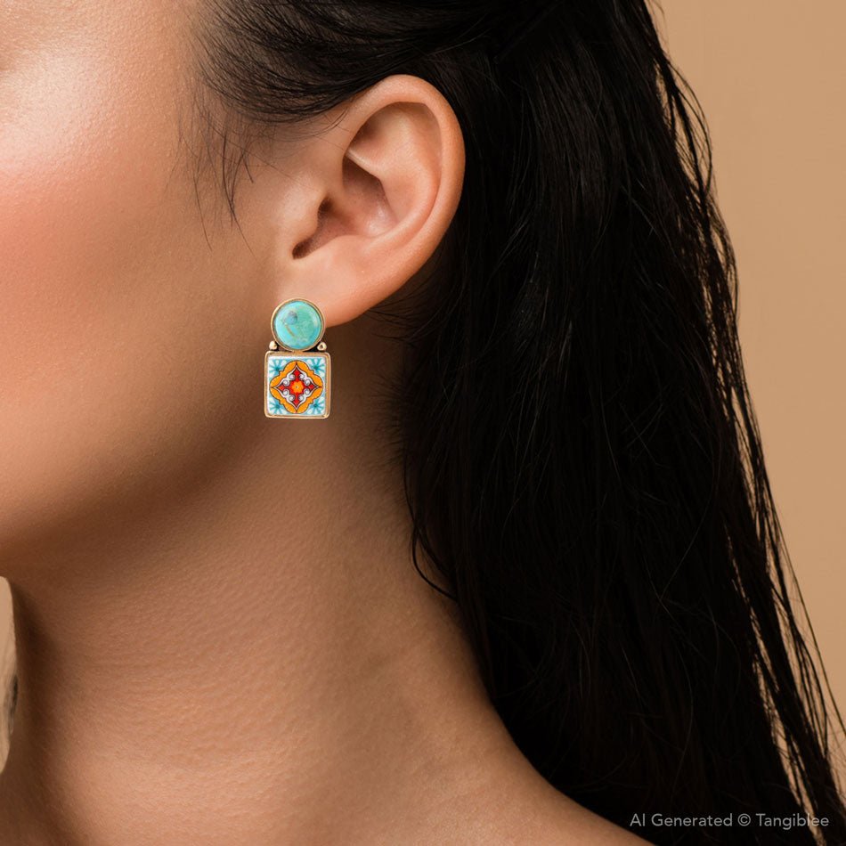 Talavera Tile Blue Turquoise Golden Drop Earrings | Earrings | Wiccan Center