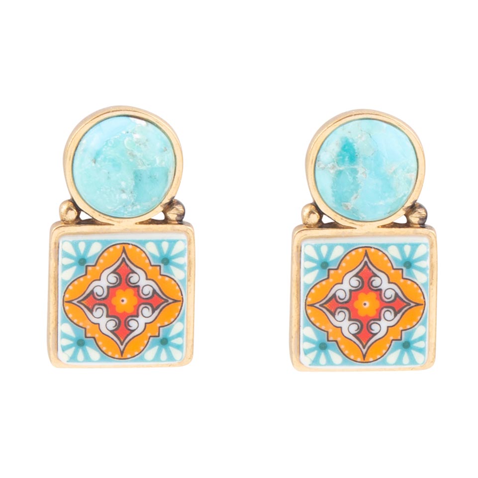 Talavera Tile Blue Turquoise Golden Drop Earrings | Earrings | Wiccan Center