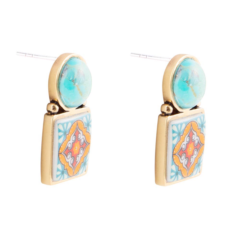 Talavera Tile Blue Turquoise Golden Drop Earrings | Earrings | Wiccan Center