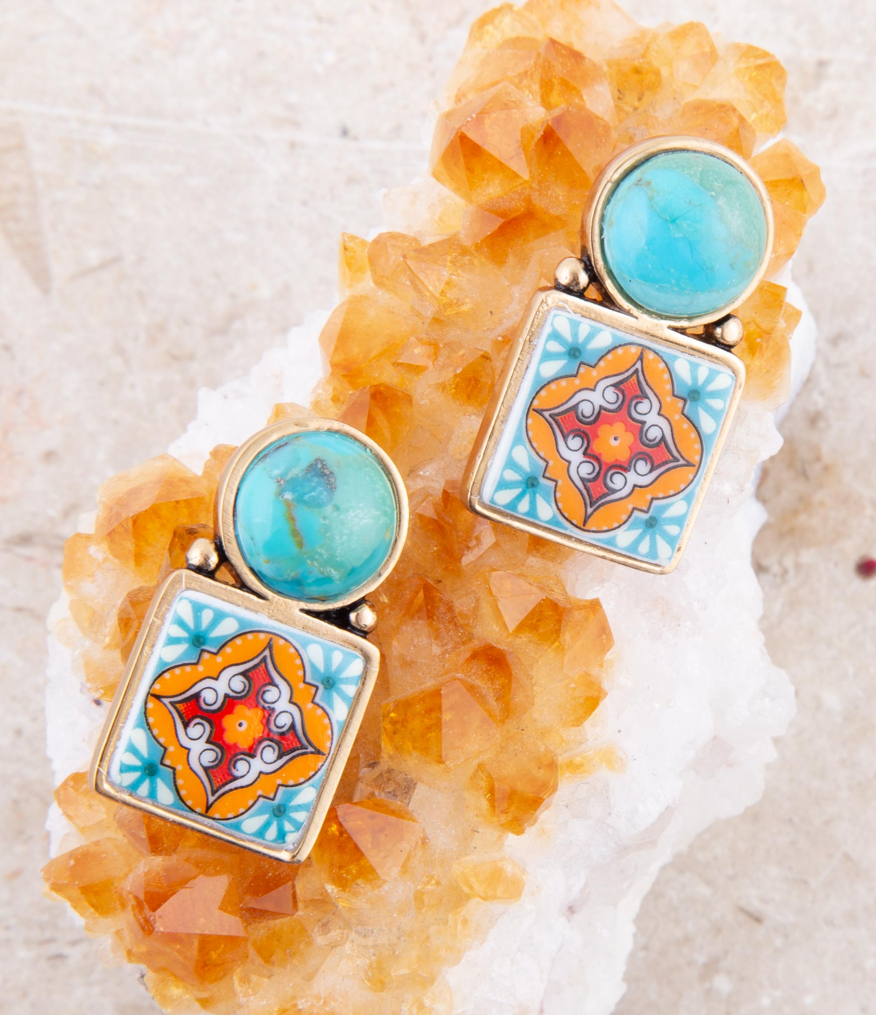 Talavera Tile Blue Turquoise Golden Drop Earrings | Earrings | Wiccan Center