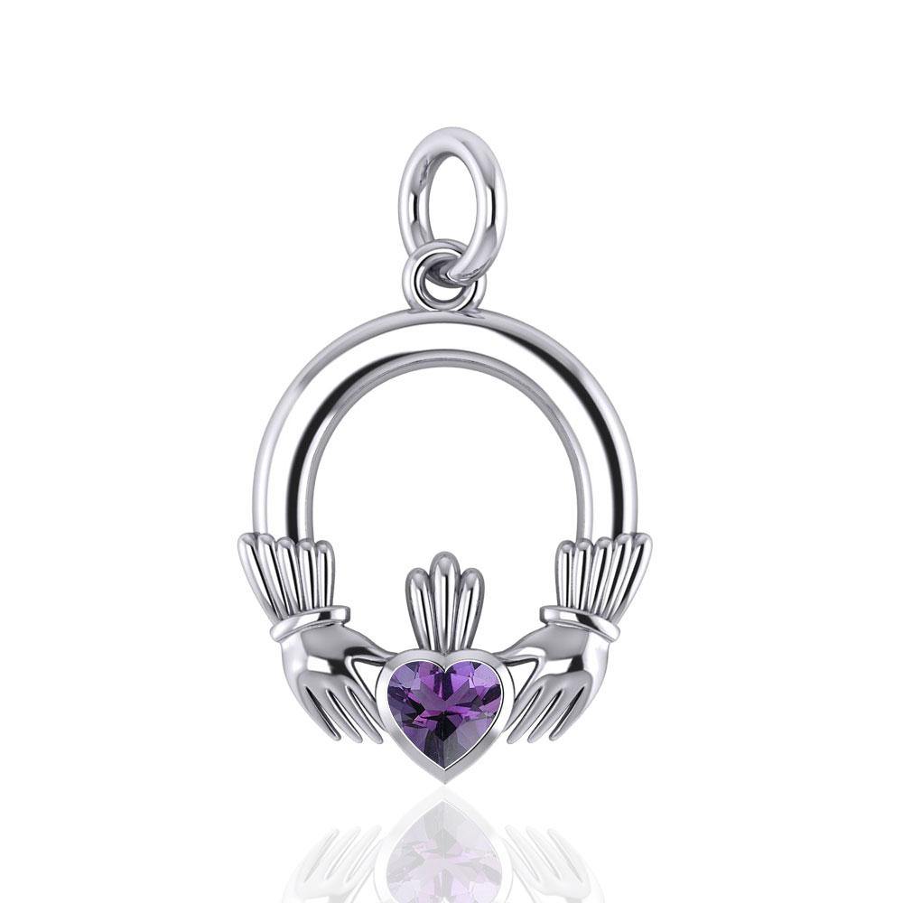 Celtic Knotwork Claddagh Sterling Silver Charm with Gemstone TC318